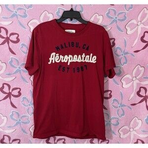 Y2k Mens Embroided Stitch Aeropostale Mailbu Graphic Red Shirt Size Large